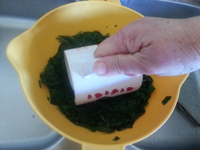 Using mug to squeeze water out of spinach